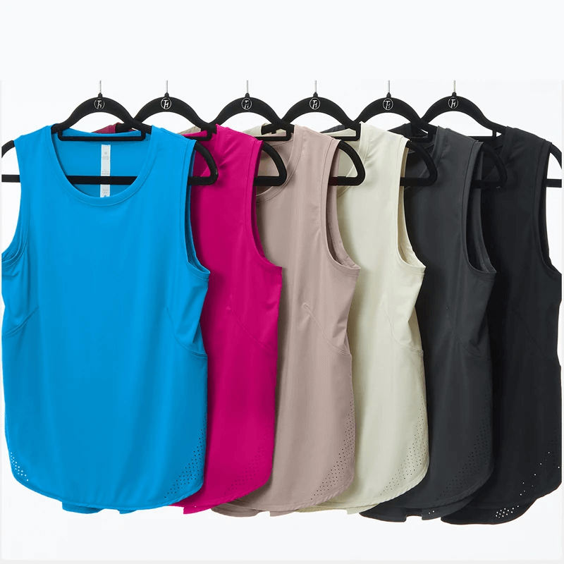 Colorful women's solid running tank tops on hangers, ideal for yoga and workouts, showcasing style and functionality in activewear.